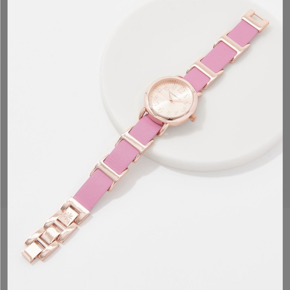 Island pink and rose goldtone leather bracelet watch